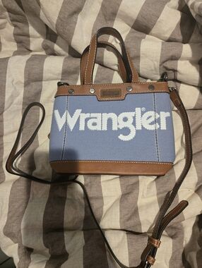 Wrangler Light Blue Canvas Crossbody with Brown Leather Trim